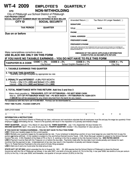 Form Wt 4 Employee S Quarterly Non Withholding 2009 Printable Pdf 