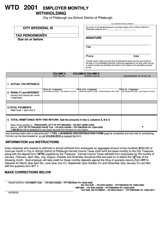 Form Wtd Employer Monthly Withholding City Of Pittsburgh 2001 