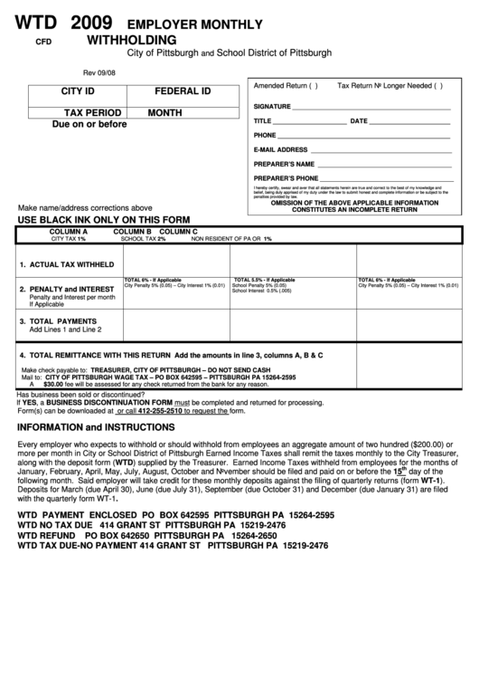 Form Wtd Employer Monthly Withholding City Of Pittsburgh 2009 