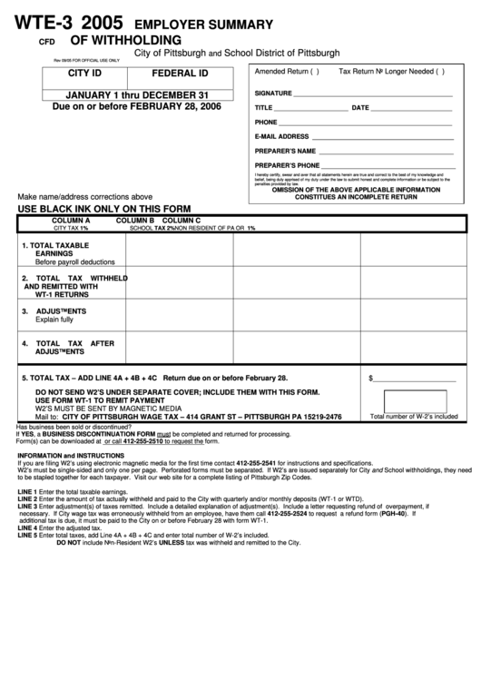 Form Wte 3 Employer Summary Of Withholding 2005 Printable Pdf Download