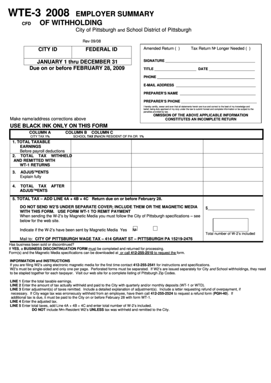 Form Wte 3 Employer Summary Of Withholding 2008 Printable Pdf Download