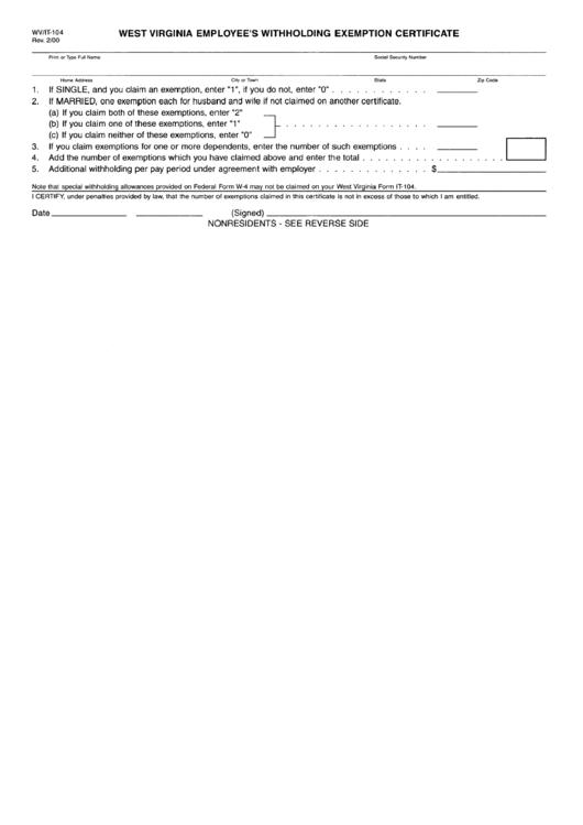 Form Wv it 104 West Virginia Employer S Withholding Exemption 