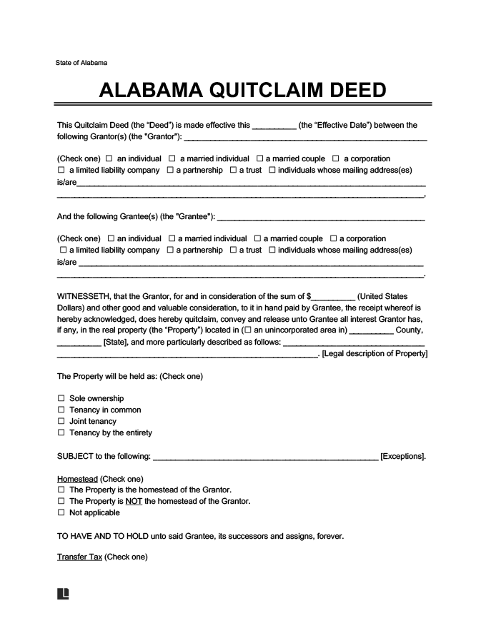 Free Alabama Quitclaim Deed Form Legal Templates