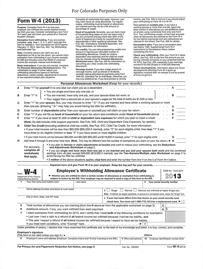 Free Colorado Form W 4 2013 PDF 545KB 1 Page s