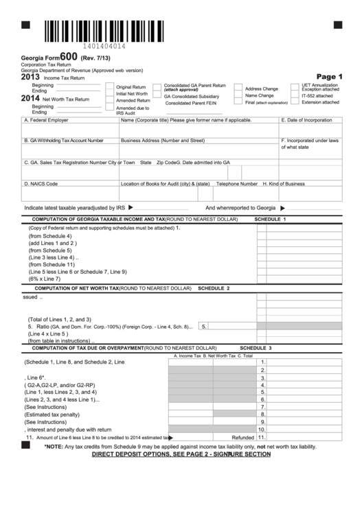 Georgia Form 600 Corporation Tax Return 2013 2014 Printable Pdf 