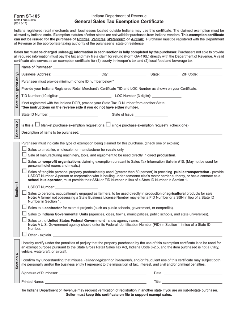 IN DoR ST 105 2017 Fill Out Tax Template Online US Legal Forms