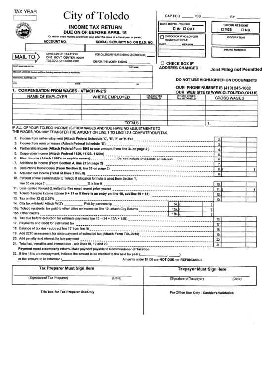 Income Tax Return City Of Toledo Printable Pdf Download