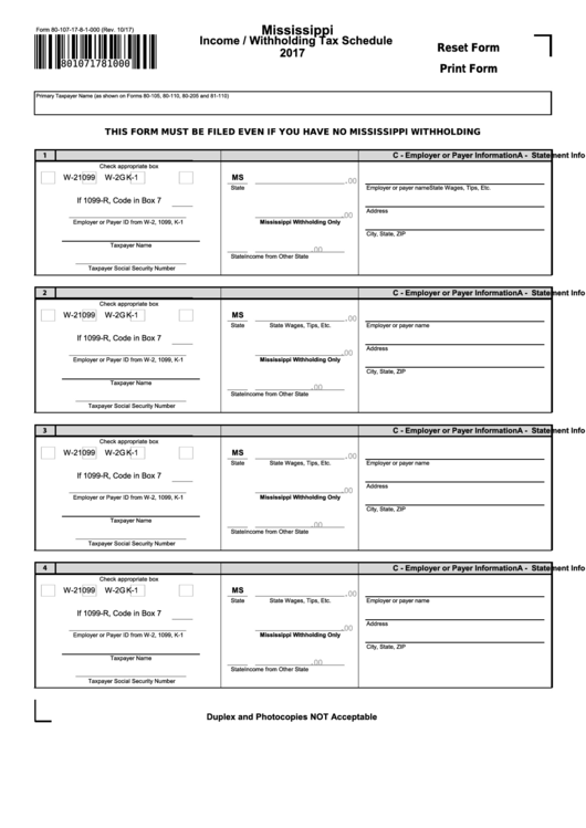 Income Withholding Tax Schedule Form 80 107 Mississippi Tax 