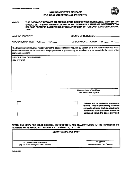 Inheritance Tax Release For Real Or Personal Property Form Tennessee 