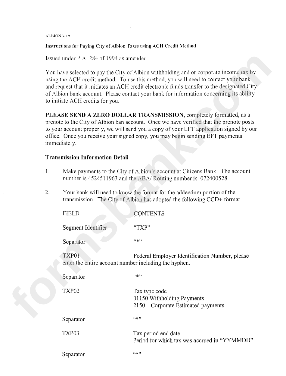 Instructions For Paying City Of Albion Taxes Using Ach Credit Method 