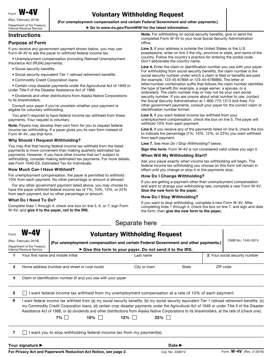 IRS Form W 4V Download Fillable PDF Or Fill Online Voluntary 