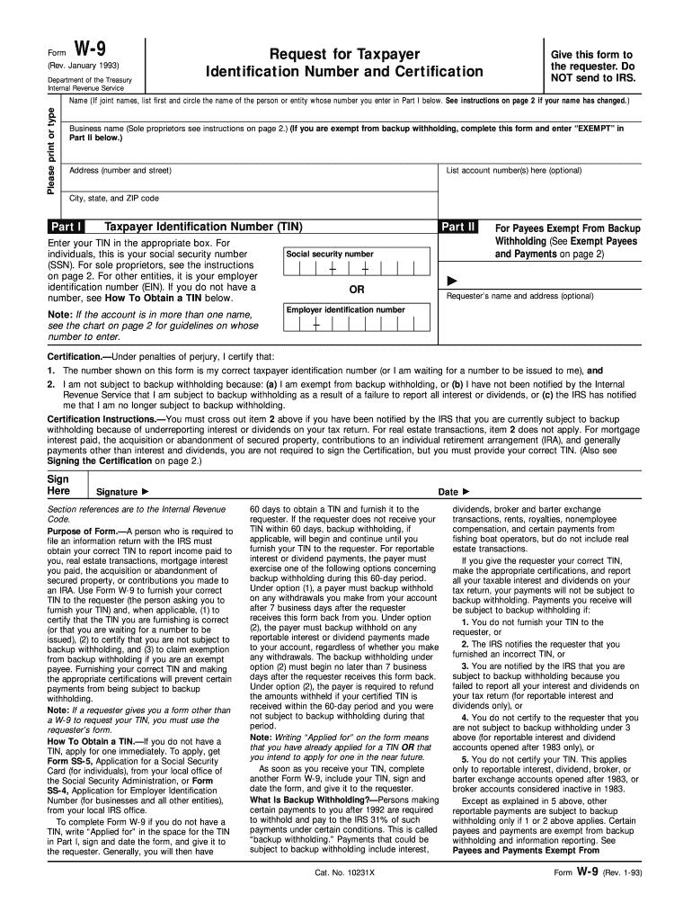 IRS W 9 1993 Fill Out Tax Template Online US Legal Forms