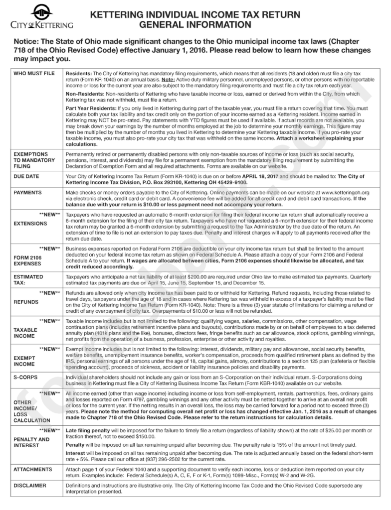 Kettering Individual Income Tax Return Instructions Ohio Printable 