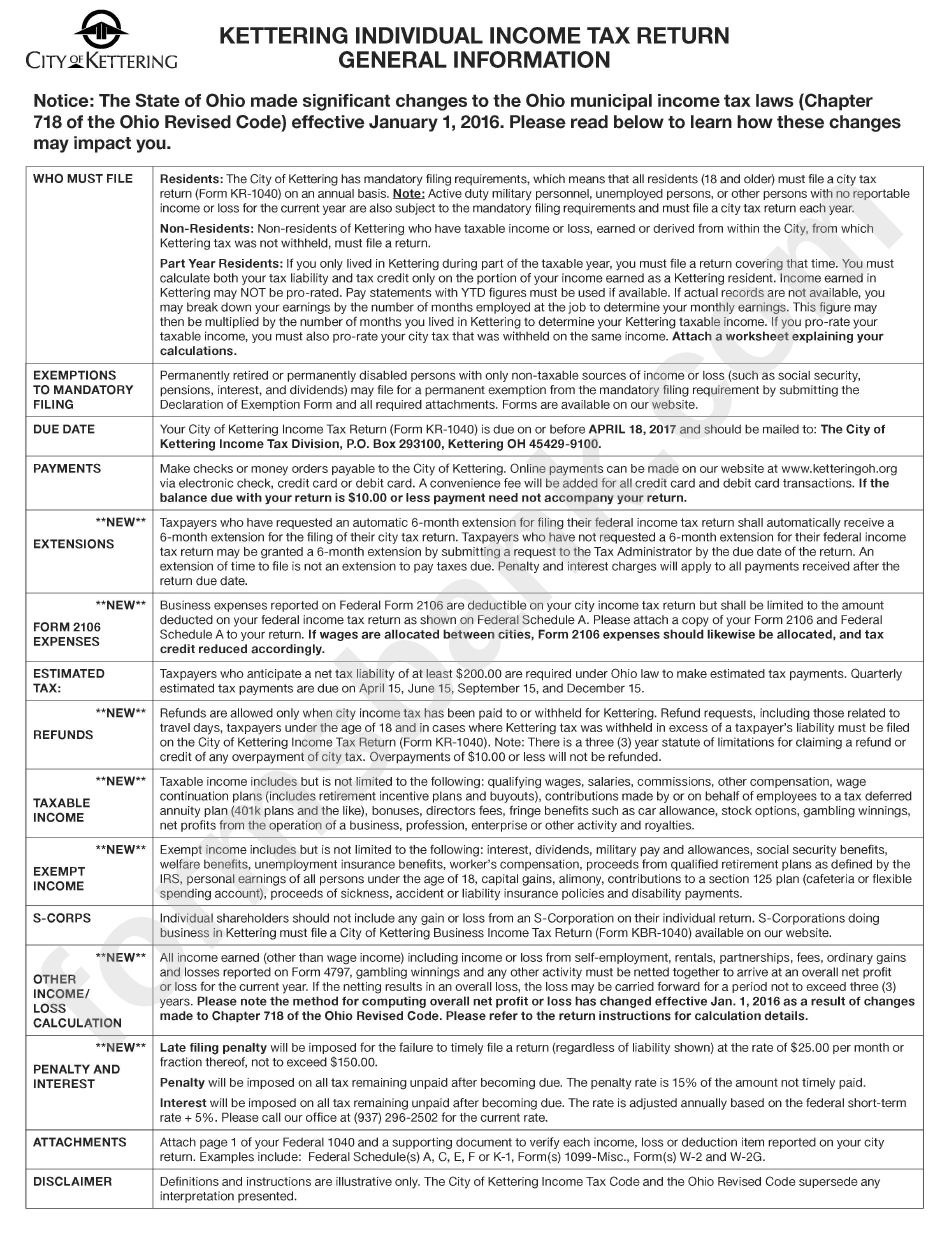 Kettering Individual Income Tax Return Instructions Ohio Printable