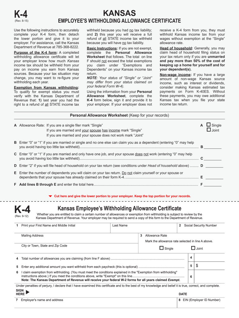 KS DoR K 4 2015 Fill Out Tax Template Online US Legal Forms