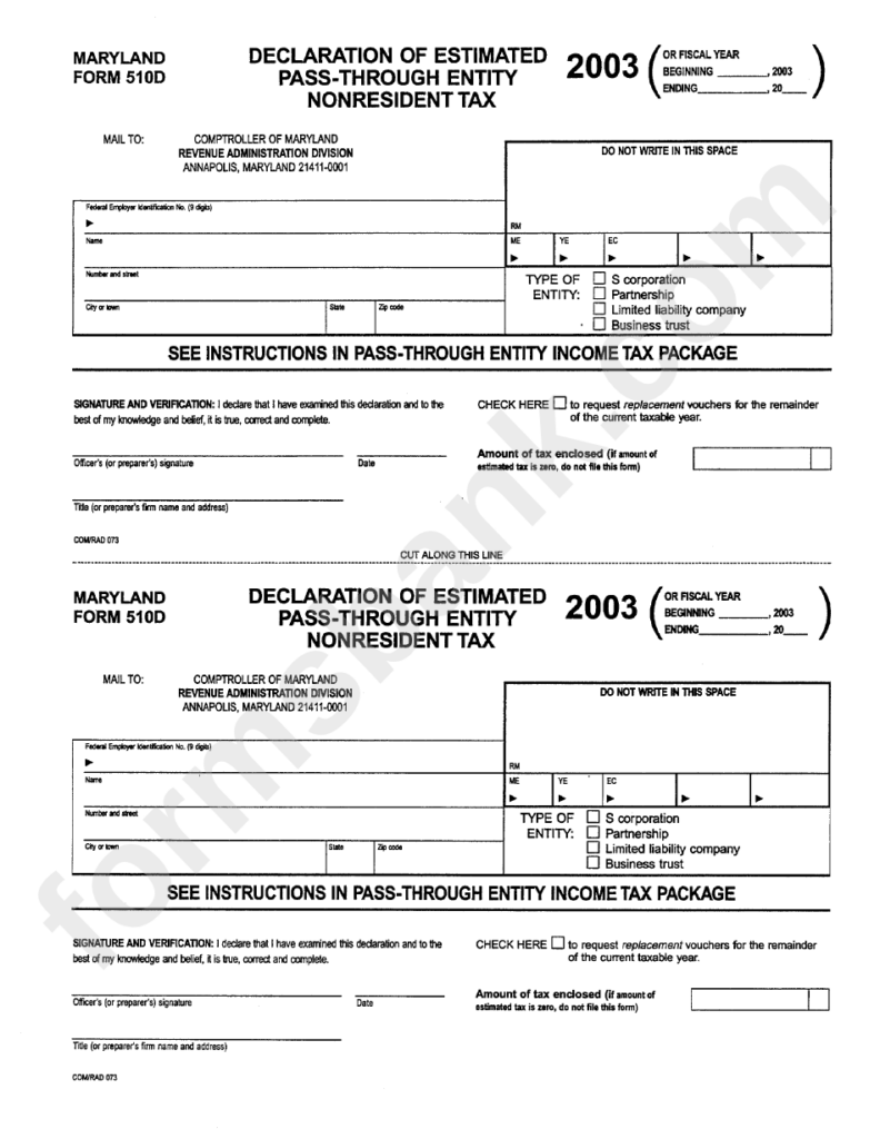 Maryland Form 510d Declaration Of Estimated Pass Through Entity 