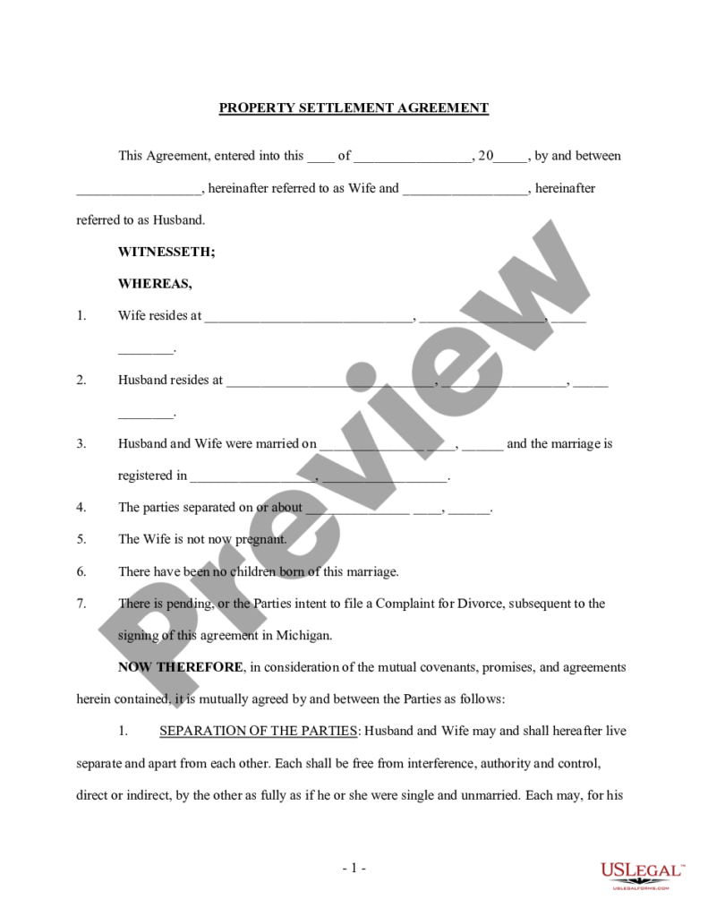 Michigan Divorce Settlement Agreement