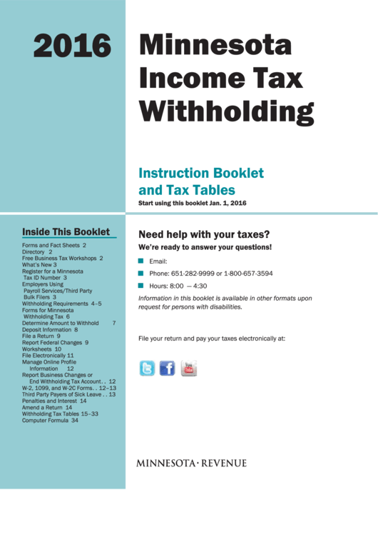 Minnesota Income Tax Withholding Instruction Booklet And Tax Tables 