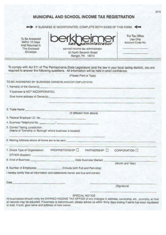 Municipal And School Income Tax Registration Form Printable Pdf Download