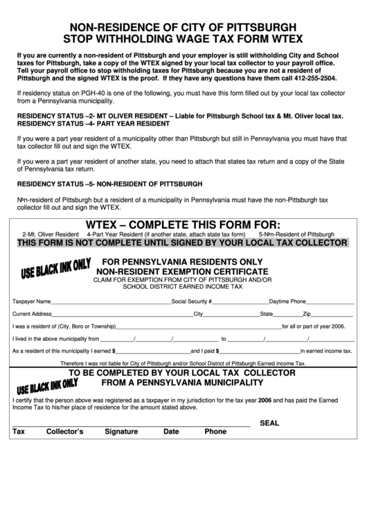 Non residence Of City Of Pittsburgh Stop Withholding Wage Tax Form Wtex