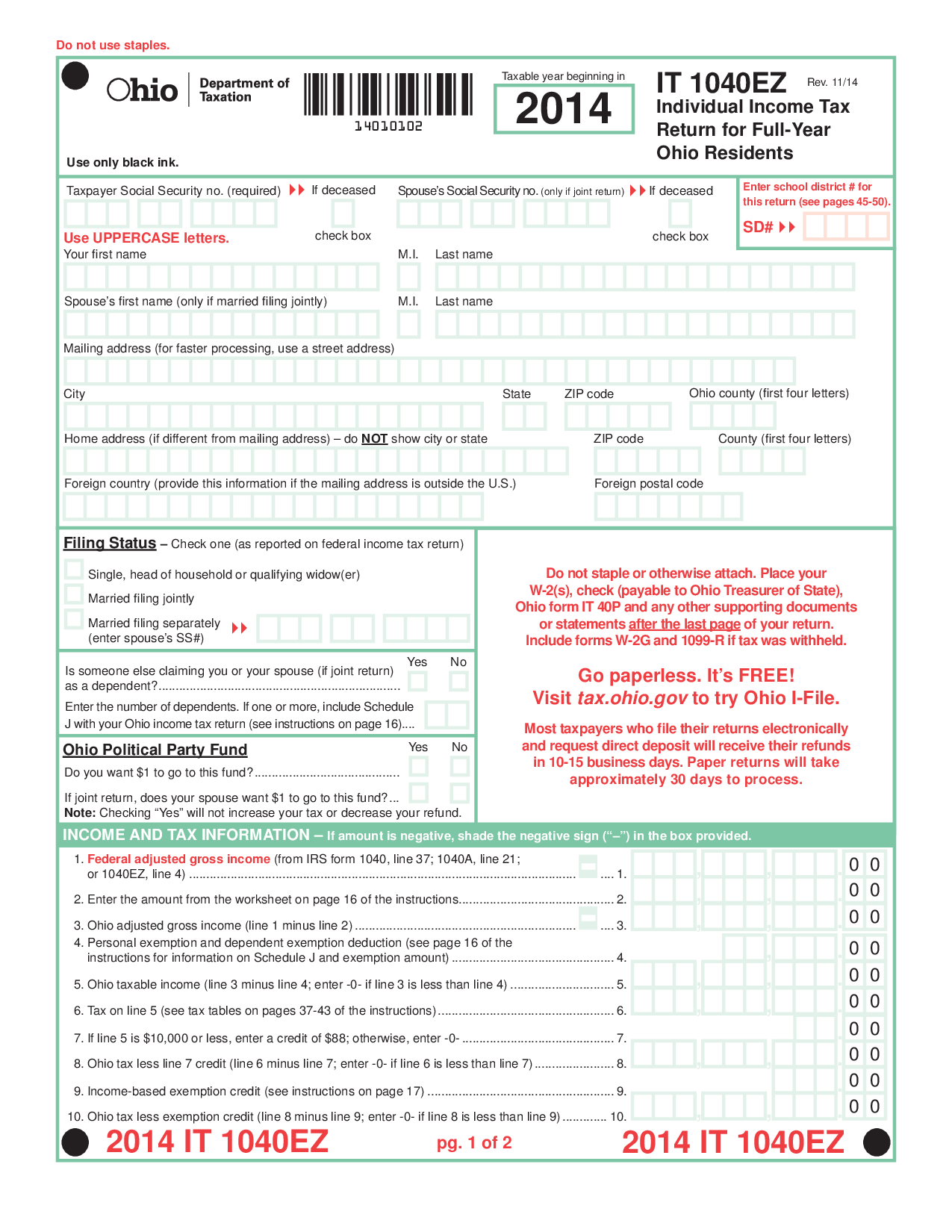 Ohio Income Tax Form EZ Power4Taxes Online Store Powered By Storenvy