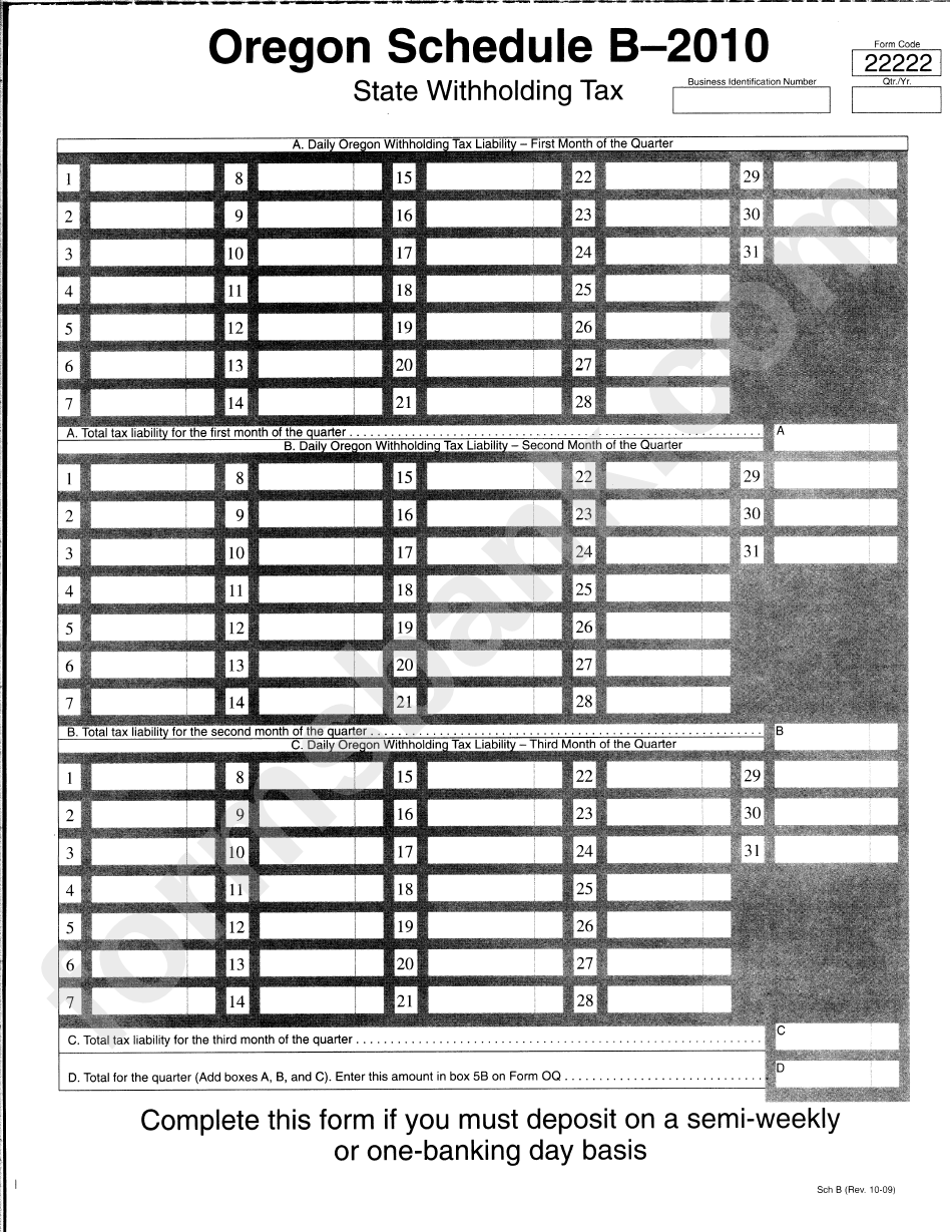 Oregon Schedule B 2010 State Withholding Tax Form Printable Pdf Download