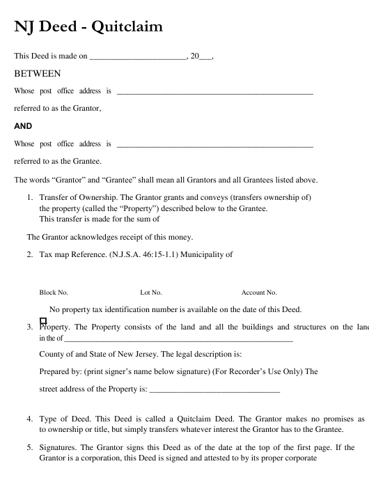 Quitclaim Deed Form New Jersey Download Printable PDF Templateroller