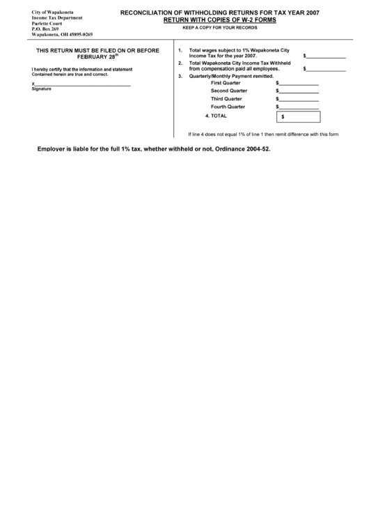 Reconciliation Of Withholding Returns For Tax Year 2007 City Of 