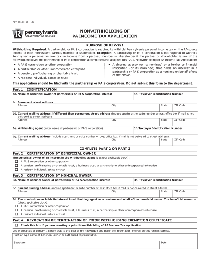 REV 291 Nonwithholding Of PA Income Tax Application Free Download