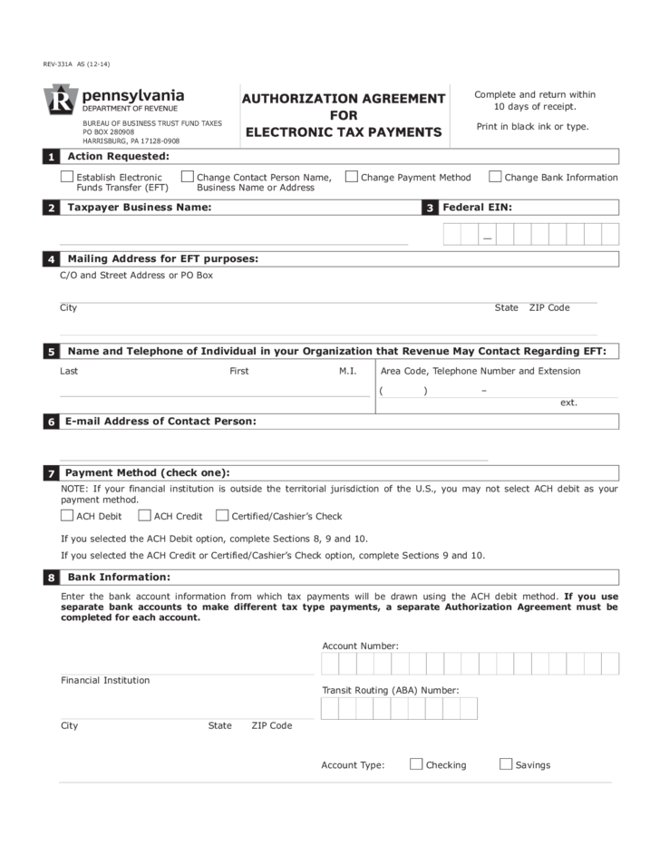 REV 331A Authorization Agreement For Electronic Tax Payments Free