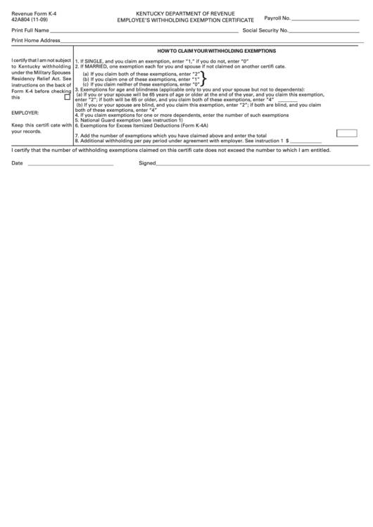 Revenue Form K 4 Employee S Withholding Exemption Certificate 2009