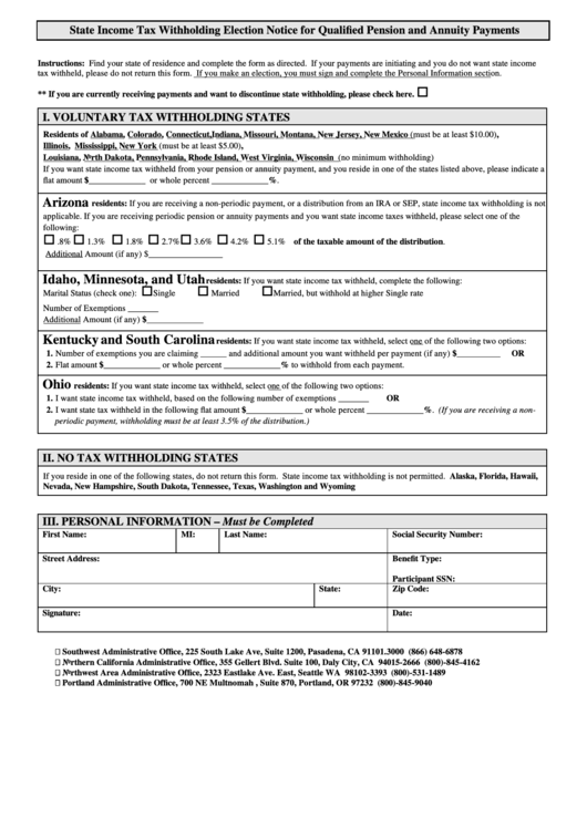 State Income Tax Withholding Election Notice For Qualified Pension And