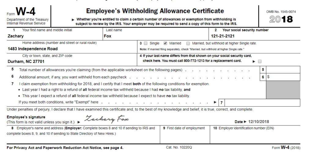 W 4 Form Complete The W 4 Form For Zachary Fox A Chegg