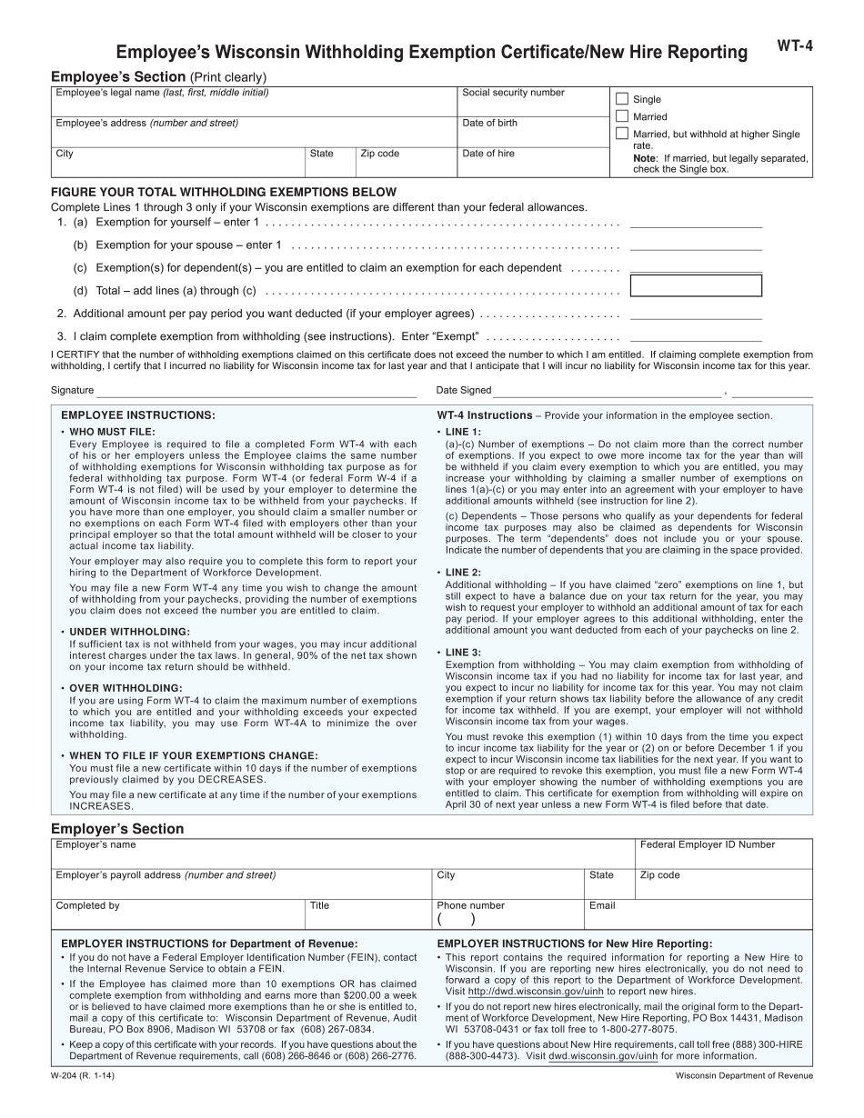 Wisconsin Form WT 4 Printable Employee s Withholding Exemption 