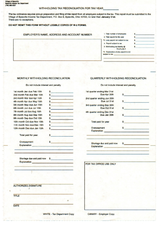 Withholding Tax Reconciliation Form Income Tax Department Byesville 