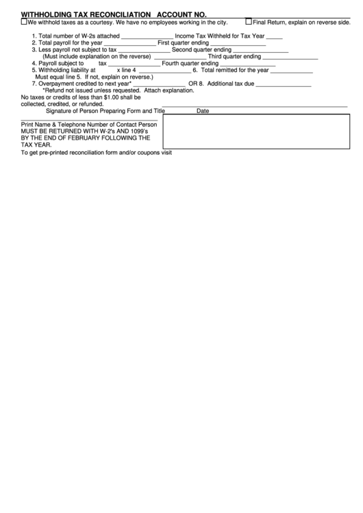 Withholding Tax Reconciliation Form Printable Pdf Download