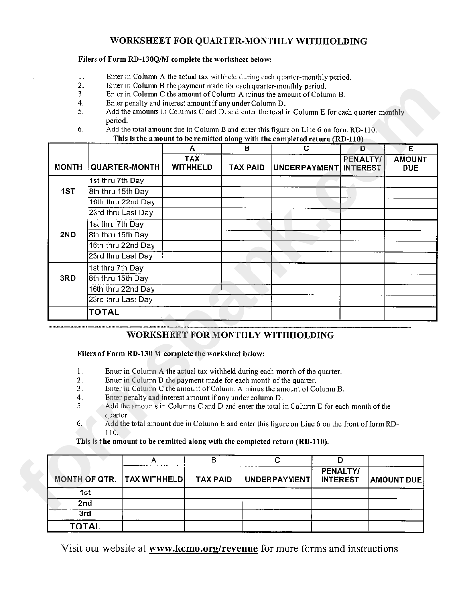 Worksheet For Quarter Monthly Withholding Printable Pdf Download