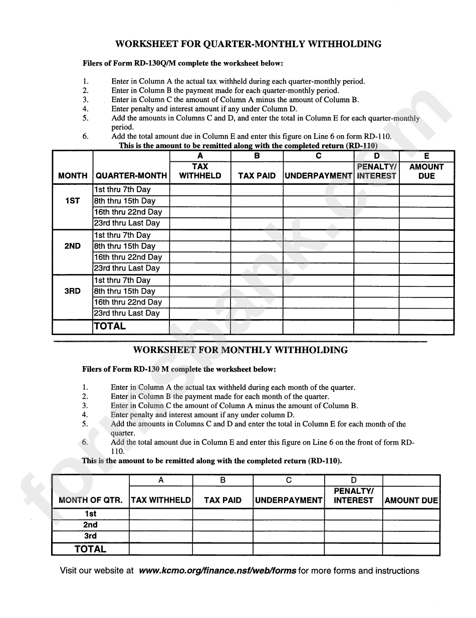 Worksheet For Quarter Monthly Withholdings Form Rd 140 City Of 