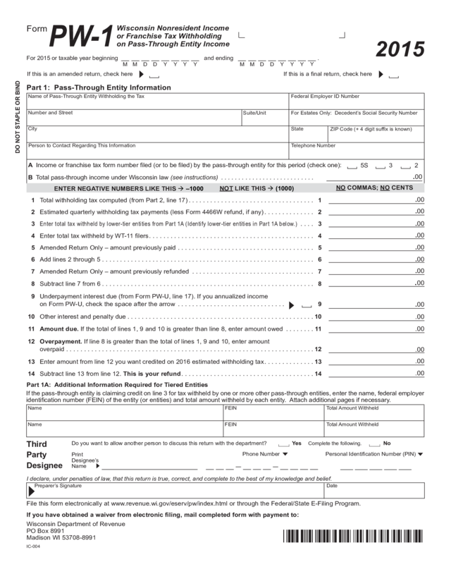 2015 Ic 004 Form Pw 1 Wisconsin Nonresident Income Or Franchise Tax 