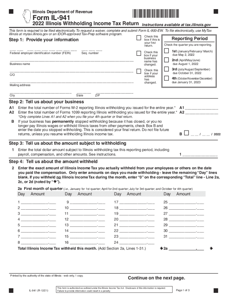 2022 Form IL 941 Illinois Withholding Income Tax Return 2022 Form IL