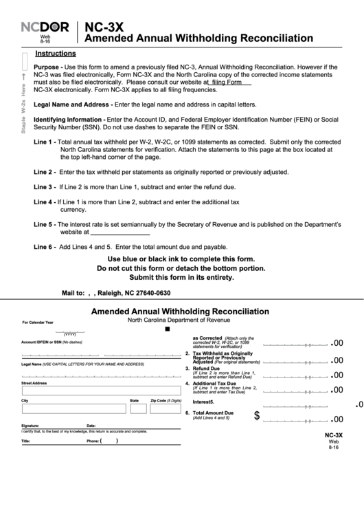 Amended Annual Withholding Reconciliation Nc 3x Printable Pdf Download