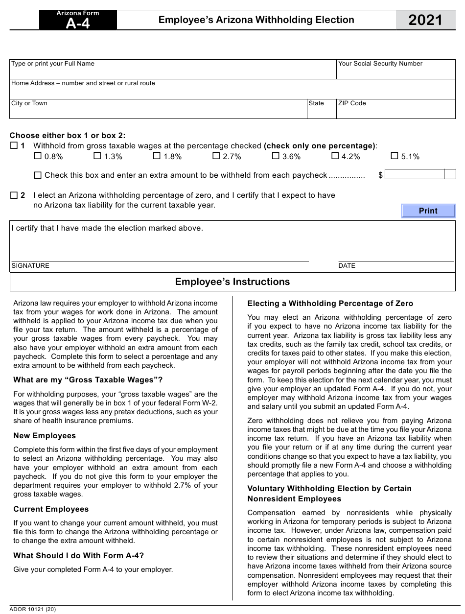 Arizona Form A 4 ADOR10121 Download Fillable PDF Or Fill Online 