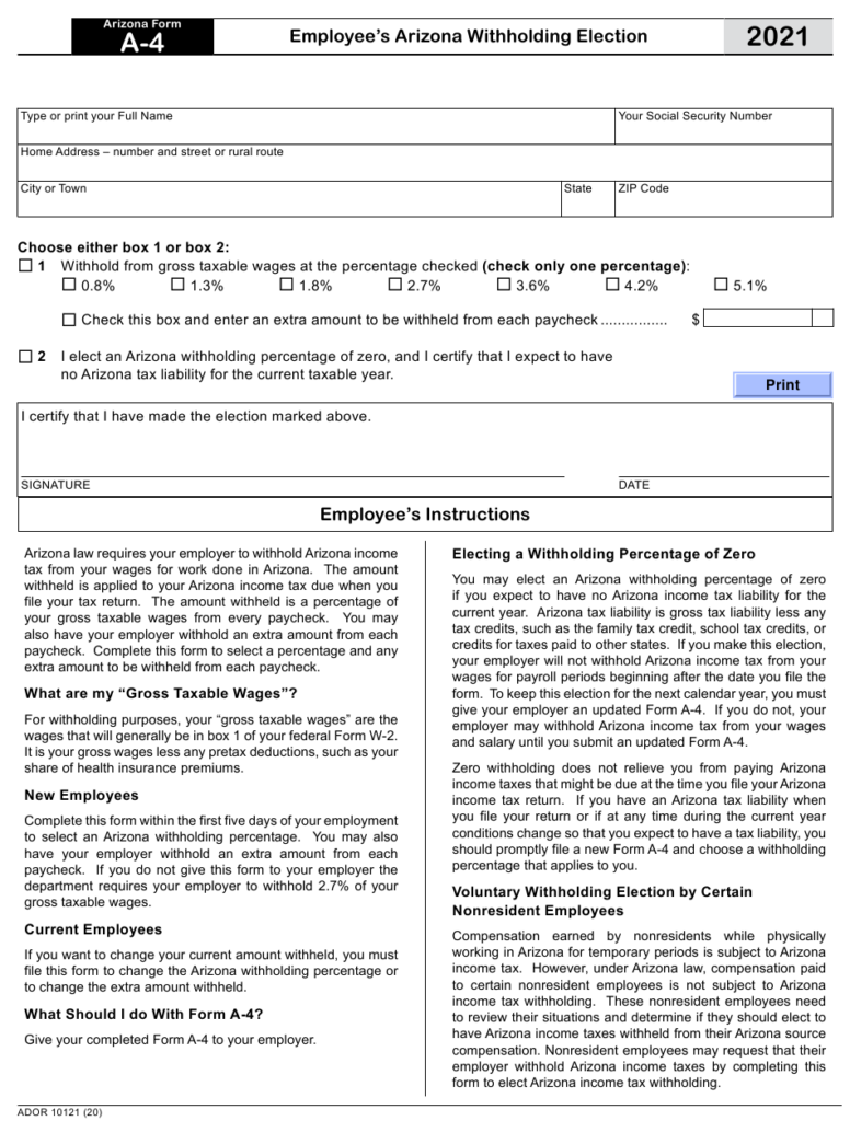 Arizona Form A 4 ADOR10121 Download Fillable PDF Or Fill Online 