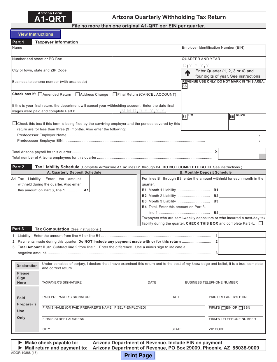 Arizona Form A1 QRT ADOR10888 Download Fillable PDF Or Fill Online 