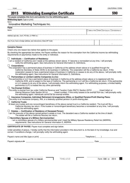 California Form 590 Withholding Exemption Certificate 2015 