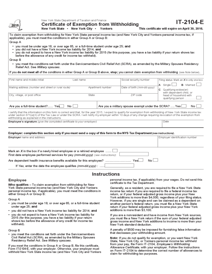 Certificate Of Exemption From Withholding New York Free Download