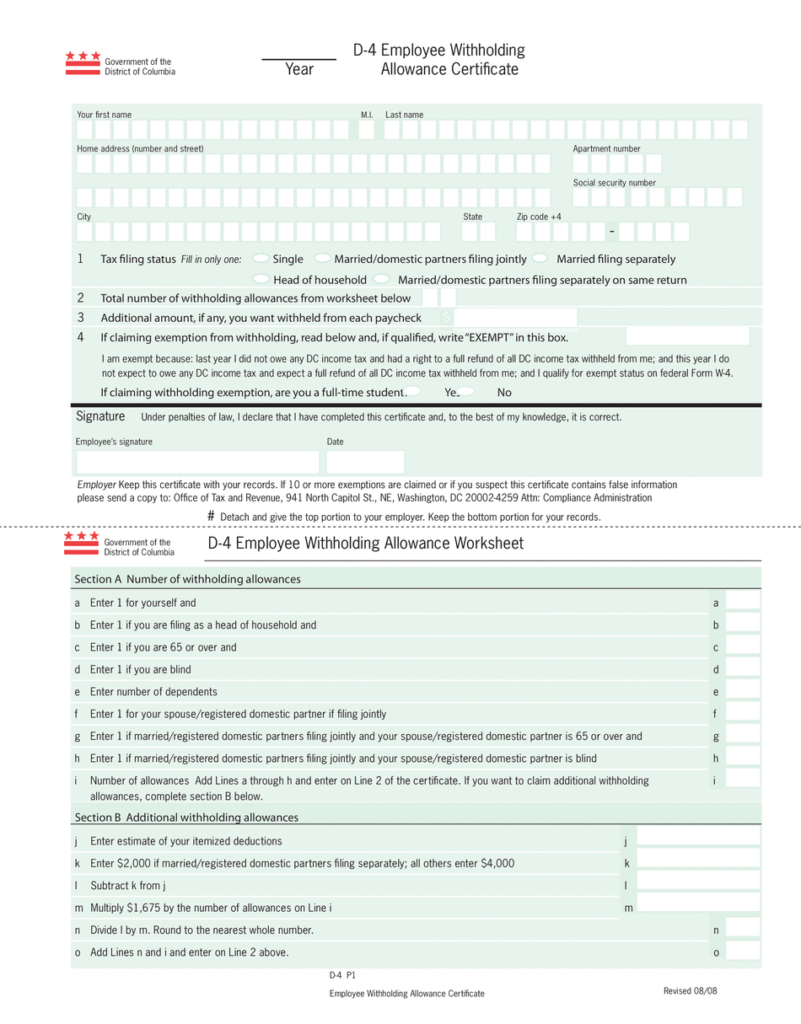 D 4 2022 Employee Withholding Allowance Certificate DC Tax 