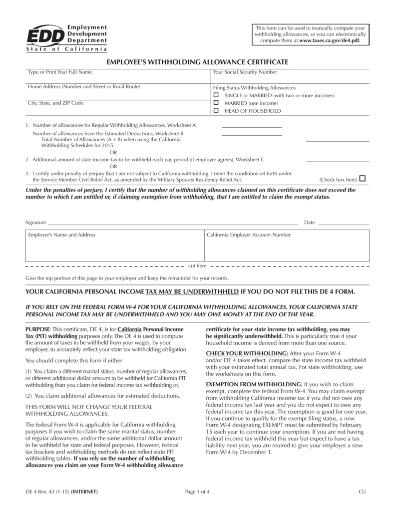 Employee s Withholding Allowance Certificate DE 4 