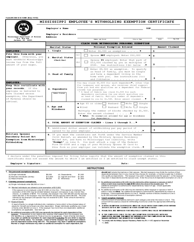 Employee s Withholding Exemption Certificate Mississippi Edit Fill 