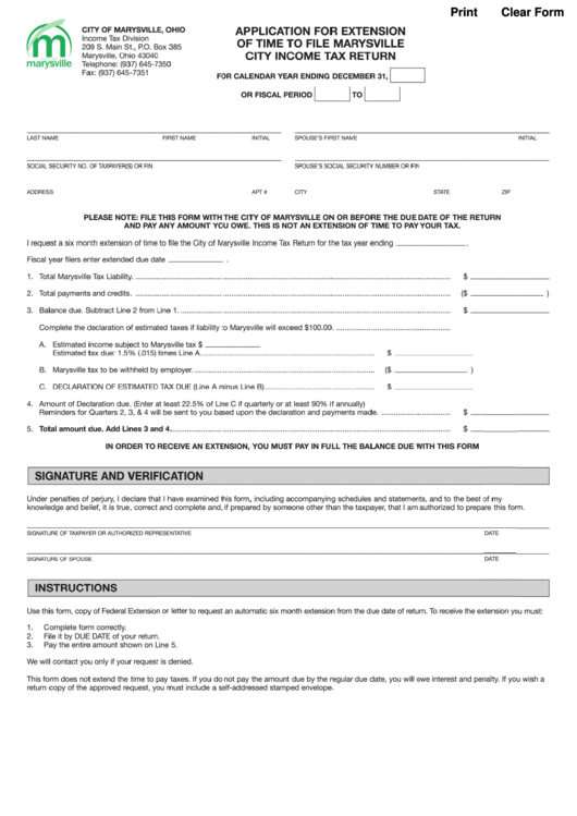 Fillable Application For Extension Of Time To File Marysville City 